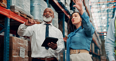 Buy stock photo Speaking, people or manager with tablet in warehouse, inventory inspection or shipment integrity. Depot evaluation, tech or logistic supervisor team with shelf efficiency plan, below or box storage