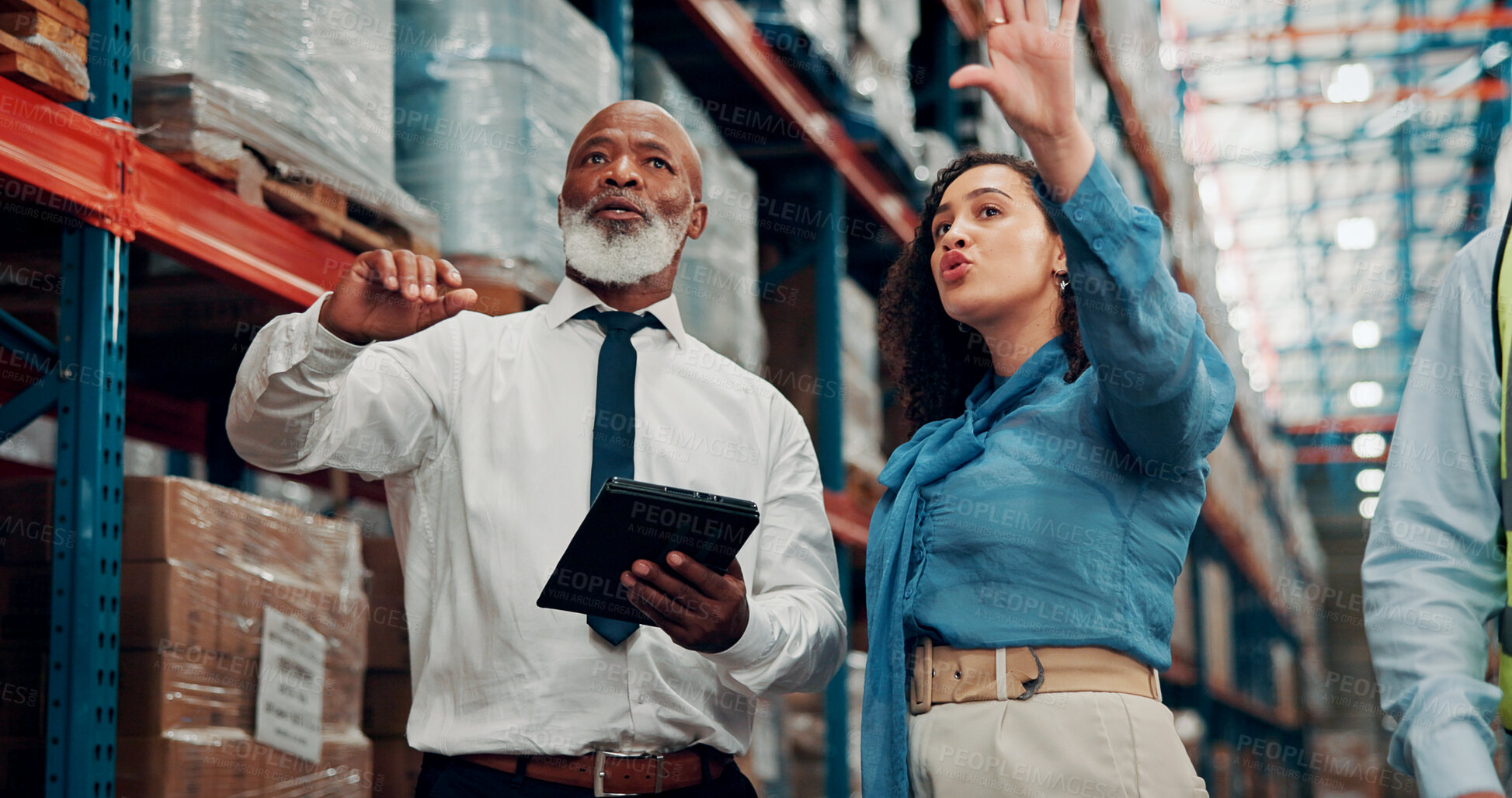 Buy stock photo Speaking, people or manager with tablet in warehouse, inventory inspection or shipment integrity. Depot evaluation, tech or logistic supervisor team with shelf efficiency plan, below or box storage