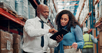 Buy stock photo Logistics, manager and people with tablet, scroll or checking stock distribution schedule on website. Reading, mature man and woman with tech for delivery update, shipping or collaboration in factory