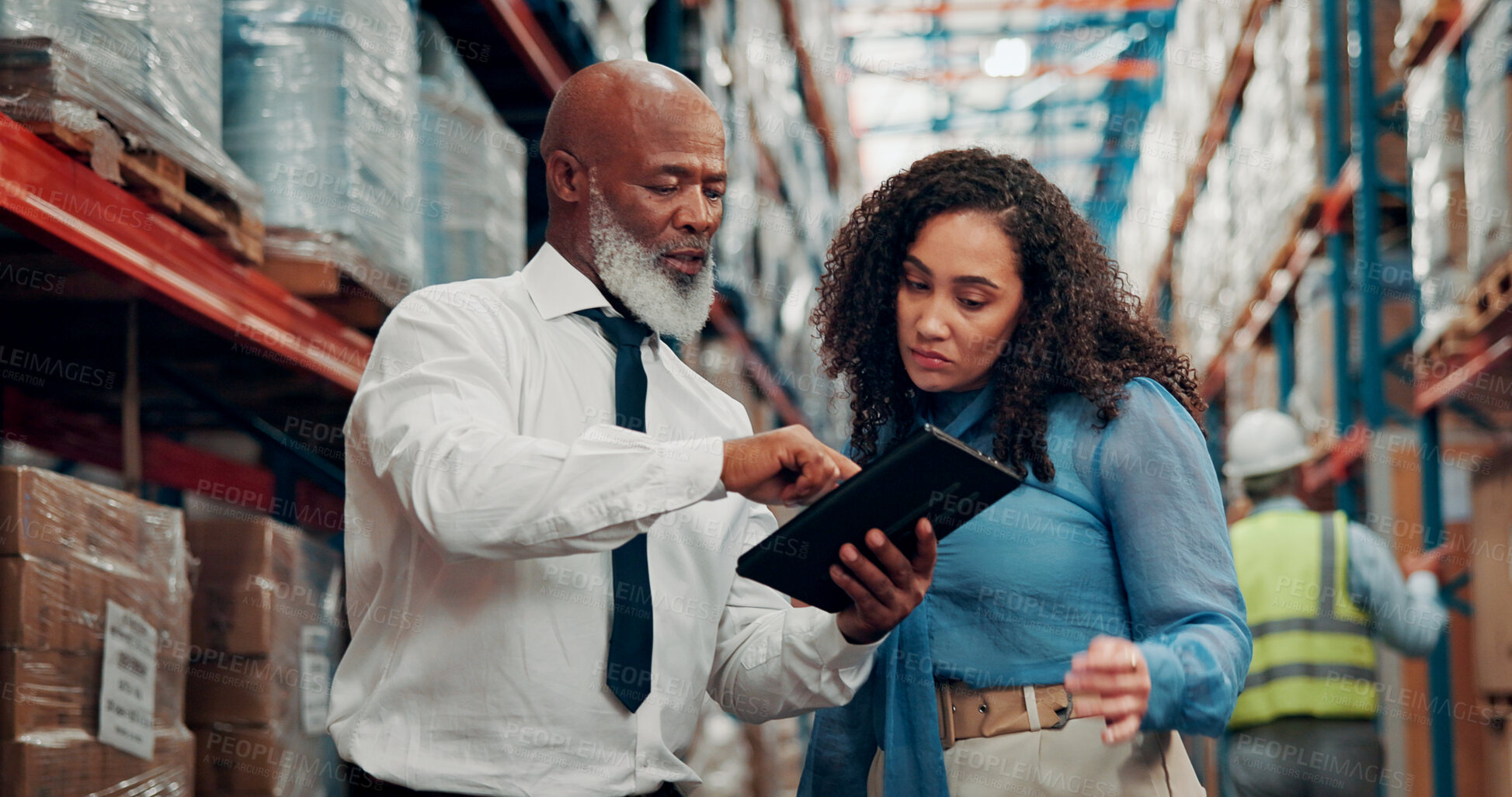 Buy stock photo Logistics, manager and people with tablet, scroll or checking stock distribution schedule on website. Reading, mature man and woman with tech for delivery update, shipping or collaboration in factory