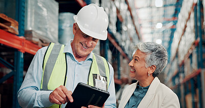 Buy stock photo Logistics, manager and people with tablet, happy or checking stock distribution schedule on website. Reading, mature man and woman with tech for delivery update, shipping and collaboration in factory