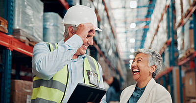 Buy stock photo Logistics, warehouse and people with tablet, laughing or checking stock distribution schedule on web. Factory, mature man and woman with technology for delivery update, shipping and happy for success