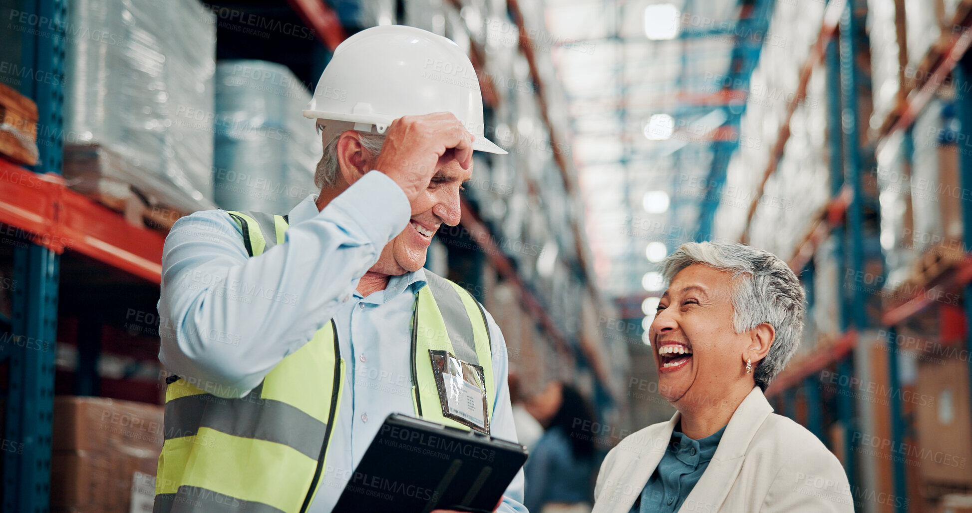 Buy stock photo Logistics, warehouse and people with tablet, laughing or checking stock distribution schedule on web. Factory, mature man and woman with technology for delivery update, shipping and happy for success