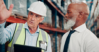 Buy stock photo Supervisor, pointing and men with tablet, logistics and explaining distribution schedule or meeting. Warehouse, mature people and colleagues with tech for goods inspection, online and quality control