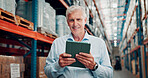 Tablet, man and portrait of logistics manager in warehouse with online order confirmation. Happy, digital technology and mature supply chain worker with pride for shipping business in factory.