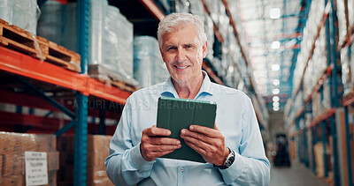 Buy stock photo Thinking, woman and logistics with tablet at warehouse for inspection, stock check and supply chain. Person, digital and search for package in storage, inventory management and solution for shipping