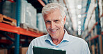 Tablet, man and portrait of supply chain manager in warehouse with online order confirmation. Happy, digital technology and mature male logistics worker with pride for shipping business in factory.