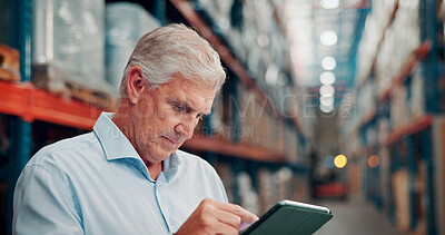 Buy stock photo Mature man, reading and tablet at warehouse for inspection, stock check and supply chain. Person, digital and logistics report for quality assurance, inventory management and schedule for shipping
