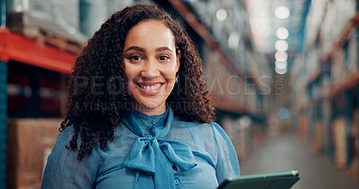 Buy stock photo Tablet, black woman and portrait of logistics manager in warehouse with online order confirmation. Happy, digital technology and African female supply chain worker with pride for shipping business.