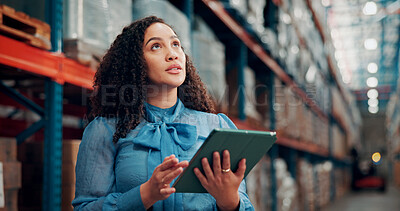 Buy stock photo Thinking, woman and logistics with tablet at warehouse for inspection, stock check and supply chain. Person, digital and search for package in storage, inventory management and solution for shipping