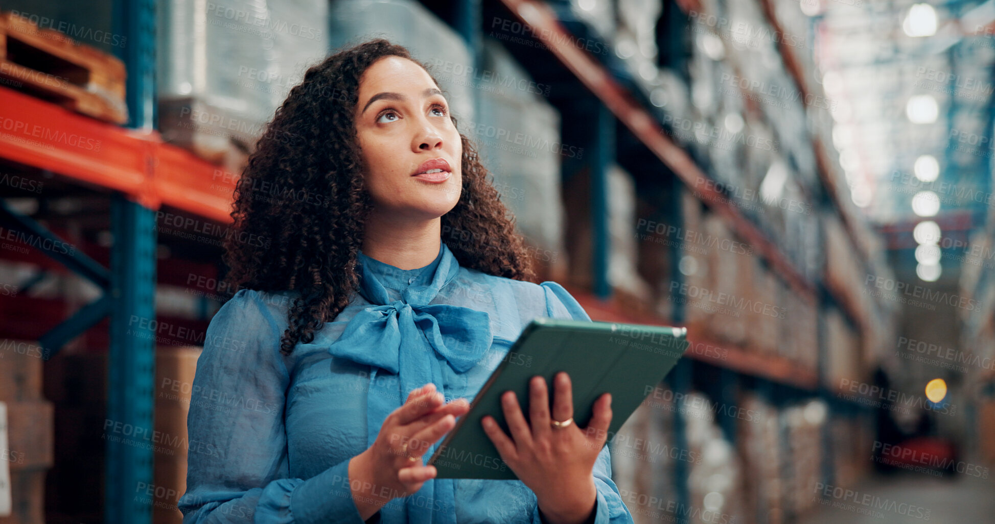 Buy stock photo Thinking, woman and logistics with tablet at warehouse for inspection, stock check and supply chain. Person, digital and search for package in storage, inventory management and solution for shipping