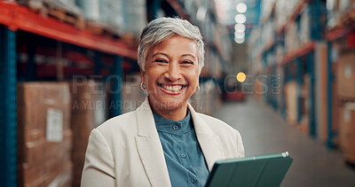 Buy stock photo Tablet, woman and portrait of supply chain manager in warehouse with online order confirmation. Happy, technology and mature female logistics worker with pride for shipping business in factory.