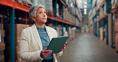 Buy stock photo Thinking, woman and inspection with tablet at warehouse for logistics, stock check and supply chain. Mature person, digital and search for package in storage, inventory management and idea for export