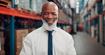 Buy stock photo Logistics, portrait and shipping with black man in warehouse for distribution, boss or supply chain. Export manager, delivery and cargo storage with mature person for customs compliance in factory