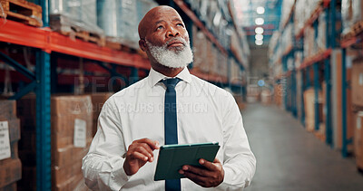Buy stock photo Thinking, black man and inspection with tablet at warehouse for logistics, stock check and supply chain. Mature person, digital and search for package in storage, inventory update and export solution
