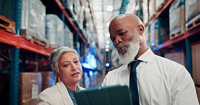 Buy stock photo Warehouse, manager and people with tablet, shipping and checking stock distribution schedule on web. Reading, mature man and woman with tech for delivery update, logistics or collaboration in factory