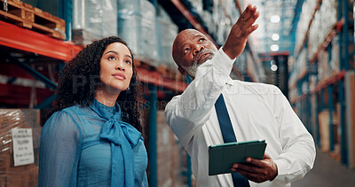 Buy stock photo Manager, pointing and people with tablet, shipping and explaining distribution schedule and meeting. Warehouse, supply chain and goods inspection with woman, quality control and mature man with tech