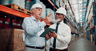 Buy stock photo Tablet, men and logistics managers in warehouse with information for online order with shipping. Discussion, digital technology and male supply chain employees with confirmation for quality control.