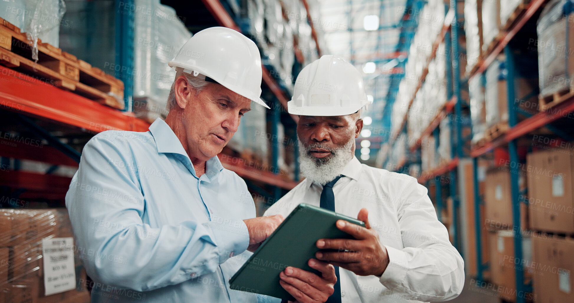 Buy stock photo Tablet, planning and logistics employees in warehouse with information for online order with shipping. Discussion, technology and male supply chain managers with confirmation for quality control.
