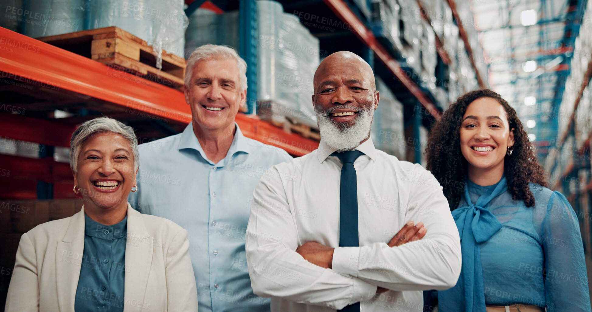 Buy stock photo Team, portrait and happy with logistics at warehouse, synergy and solidarity with pride for shipping. People, group and smile with supply chain, confidence and inventory management at storage plant