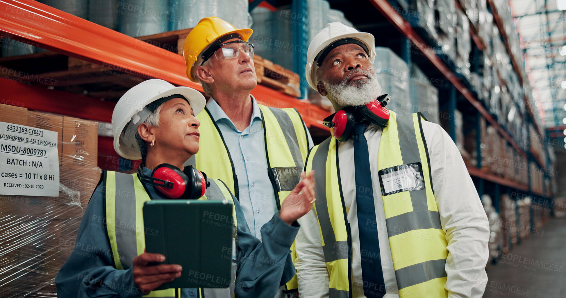 Buy stock photo Business people, team or warehouse with tablet for inventory, shipping or stock check in depot. Group, employees or colleagues with technology for logistics, storage inspection or quality assurance