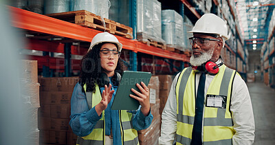 Buy stock photo Business woman, warehouse and logistics with tablet for inventory, shipping or stock check in depot. Female person, employees or colleagues with technology for storage inspection or distribution