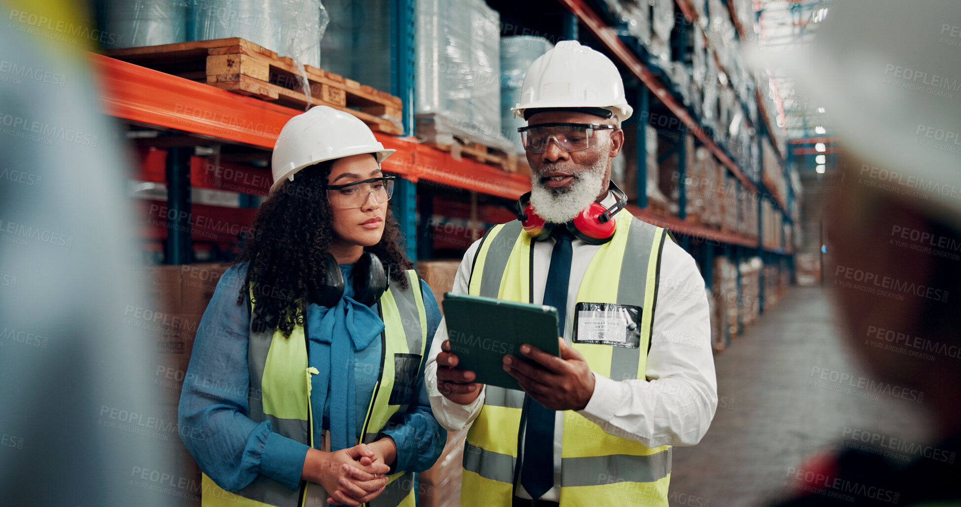 Buy stock photo Warehouse, supervisor and people with tablet, logistics and explaining distribution schedule or talk. Supply chain, online and stock inventory with woman and mature man with tech for delivery updates