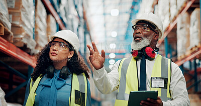 Buy stock photo Tablet, planning and logistics employees in warehouse with information for online order with shipping. People, digital technology and supply chain managers with confirmation for quality control.