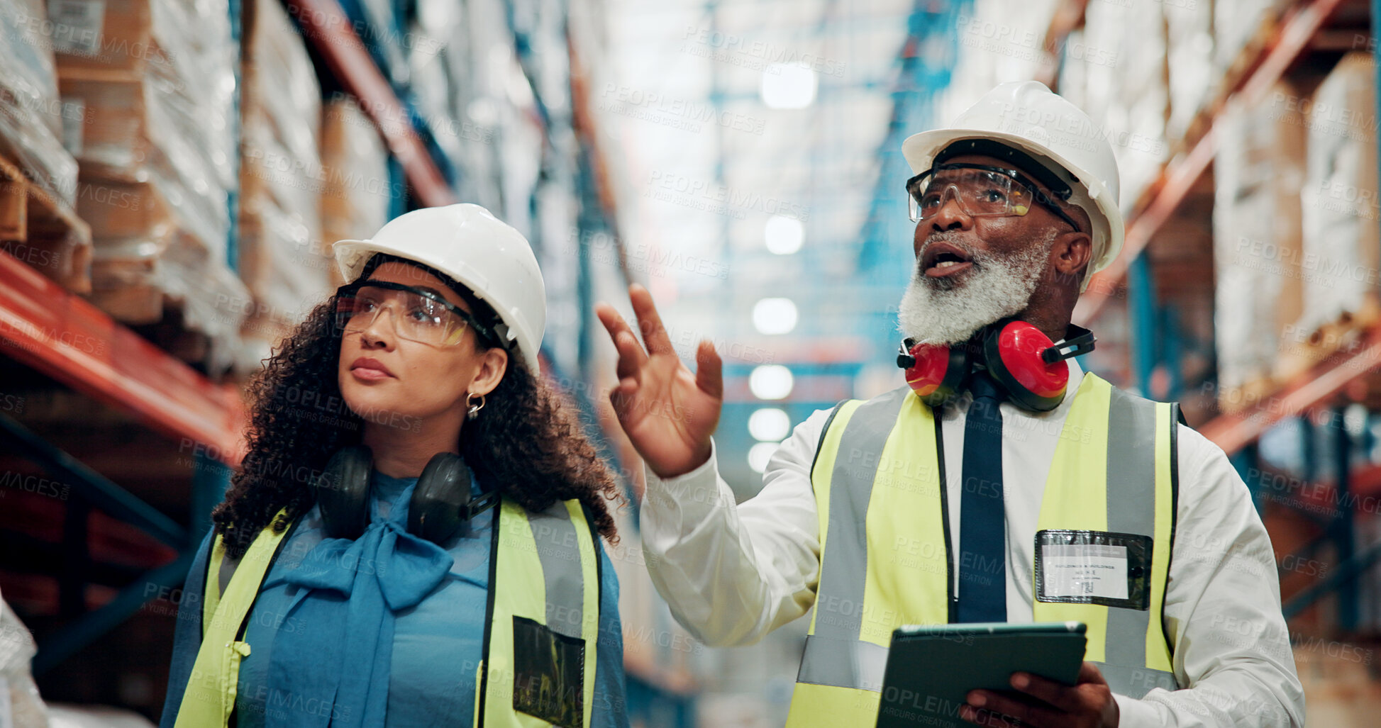 Buy stock photo Tablet, planning and logistics employees in warehouse with information for online order with shipping. People, digital technology and supply chain managers with confirmation for quality control.