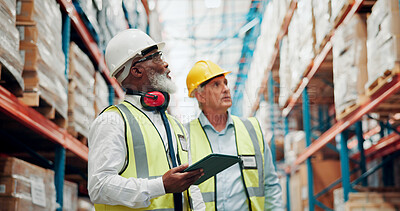 Buy stock photo Tablet, men and logistics employees in warehouse with information for online order with shipping. Discussion, digital technology and male supply chain managers with confirmation for quality control.