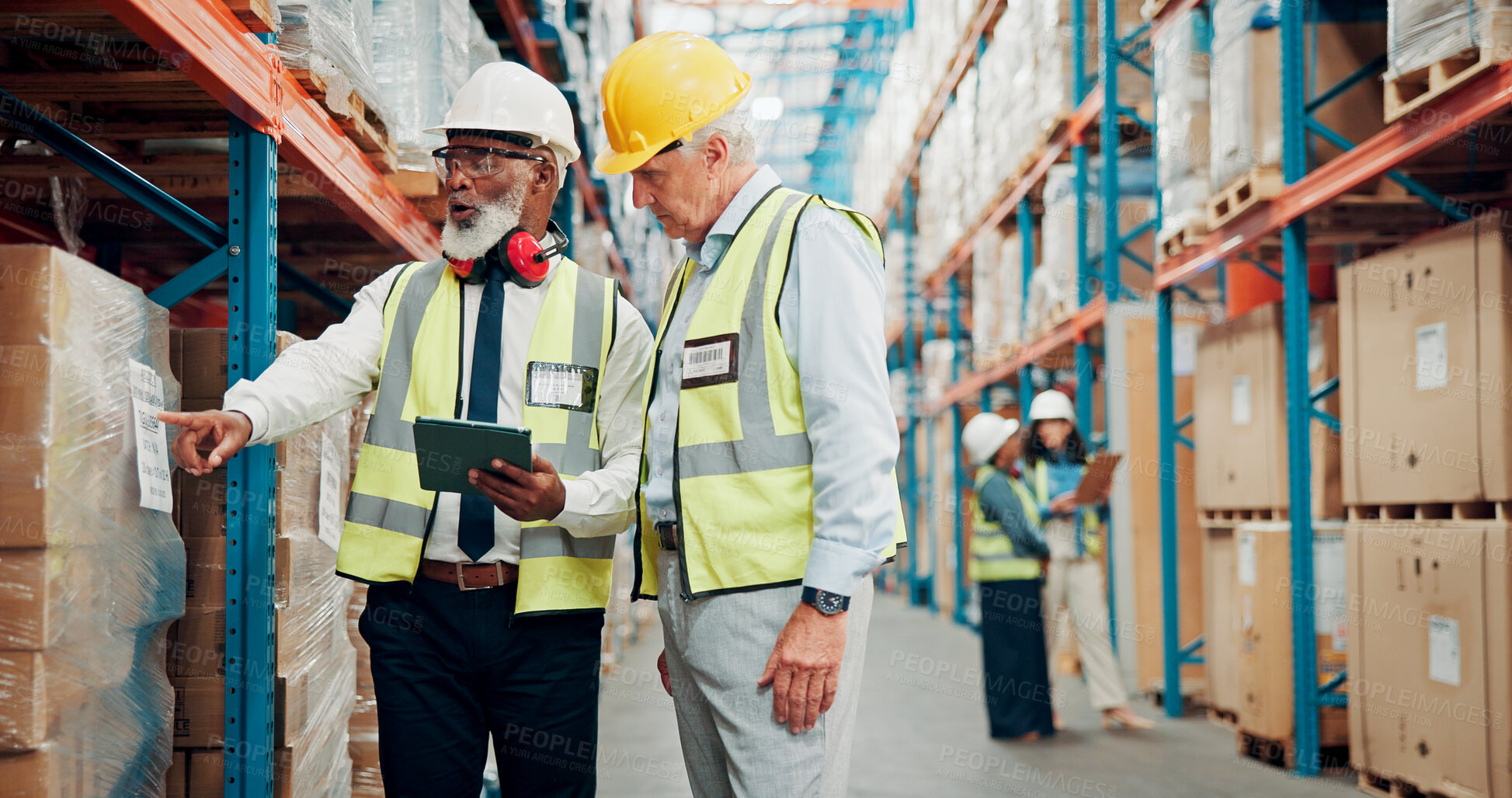 Buy stock photo Businessmen, warehouse and checking stock with tablet for inventory or shipping in storage depot. Men, employees or inspection with technology for logistics, cargo distribution or quality assurance