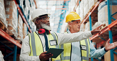 Buy stock photo Tablet, men and supply chain employees in warehouse with information for online order with shipping. Planning, digital technology and male logistics managers with confirmation for quality control.