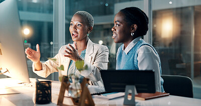 Buy stock photo Computer, business women and advice at night for story headline, editorial guidance or insight. Black people, journalist or editor with PC at media agency for article review or breaking news deadline