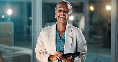 Buy stock photo Night, tablet and portrait of black woman in office for proposal deadline, budget review and research. Startup, business and happy person on digital tech for website, financial report and overtime