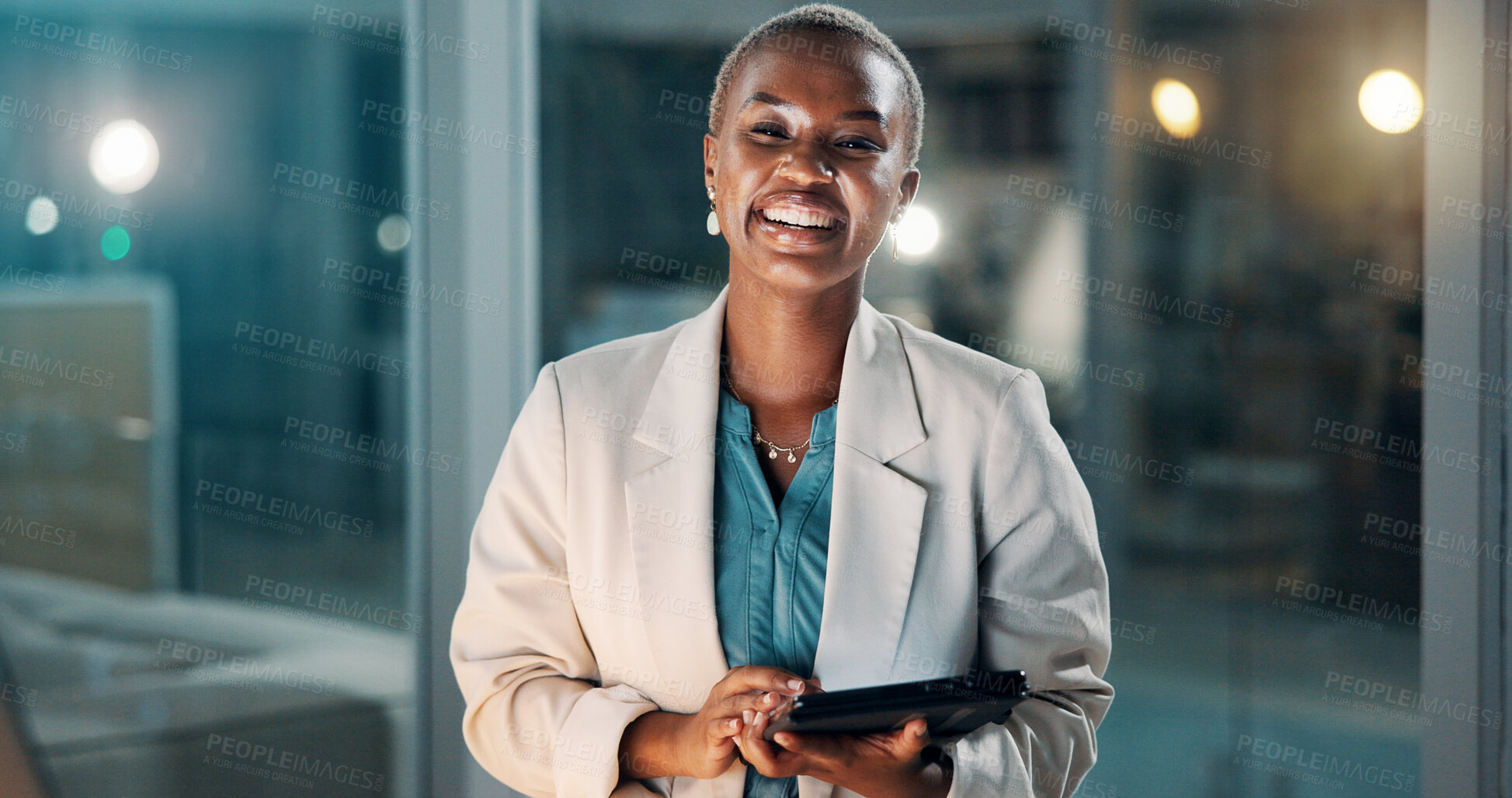 Buy stock photo Night, tablet and portrait of black woman in office for proposal deadline, budget review and research. Startup, business and happy person on digital tech for website, financial report and overtime