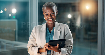 Buy stock photo Business, tablet and portrait of black woman at night for proposal deadline, budget review and research. Corporate, office and happy person on digital tech for website, financial report and overtime