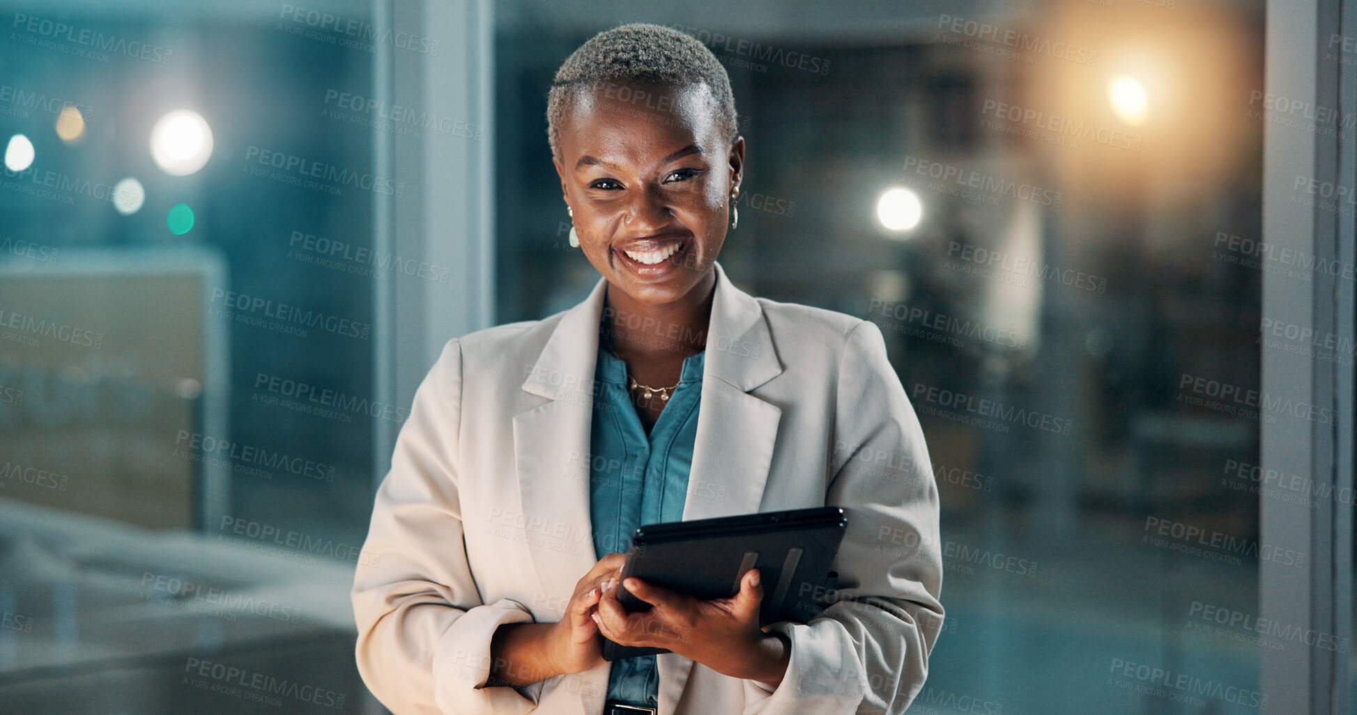 Buy stock photo Business, tablet and portrait of black woman at night for proposal deadline, budget review and research. Corporate, office and happy person on digital tech for website, financial report and overtime