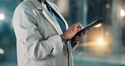 Buy stock photo Night, review or hands in office with tablet, draft edit or source feedback for article. Bokeh, person or journalist in agency with technology, fact check or industry research in late shift.
