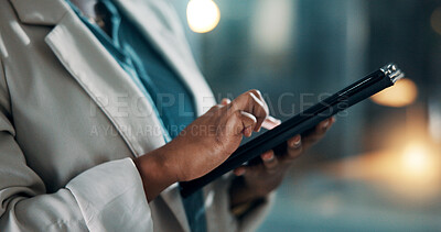 Buy stock photo Night, scrolling or hands in office with tablet, draft edit or source feedback for article. Bokeh, person or journalist in agency with technology, fact check or industry research in late shift.