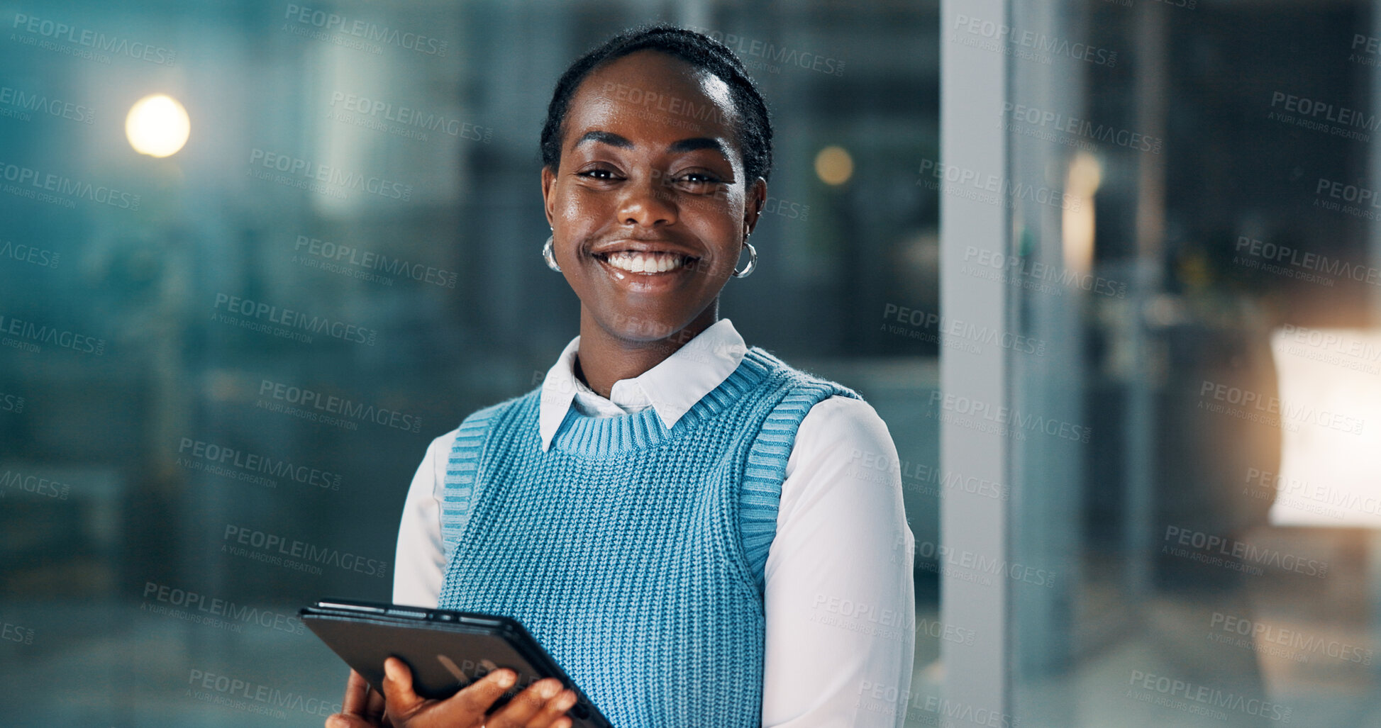 Buy stock photo Publishing, night and portrait of black woman on tablet for news report, article deadline or research. Happy, media agency and person on digital tech for editing story, journalism career and website