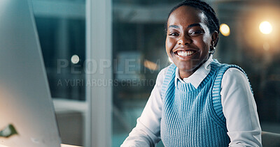 Buy stock photo Office, woman and computer with portrait at night for copywriting, proofreading or story deadline. Happy journalist, black person and tech at media agency for editing or working late on breaking news