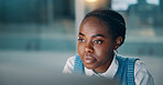 Business, black woman or reading on computer in office for story review, proofreading draft or editing. Space, editor and serious with PC for publication research, article revision and fact checking