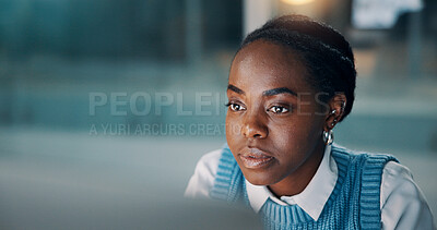 Buy stock photo Business, black woman or reading on computer at agency for story review, proofreading draft or editing. Space, editor and serious with PC for publication research, article revision and fact checking