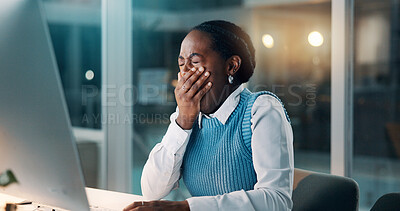 Buy stock photo Tired, computer and yawn with business black woman in office for night, fatigue and report deadline. Overtime, bokeh and burnout with person in agency for online research, overworked and workaholic