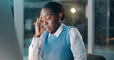 Buy stock photo Headache, night or black woman in office with tech, overworked or stress in missed deadline. Fatigue, migraine or consultant in agency with pressure, vertigo or burnout in late shift task management.