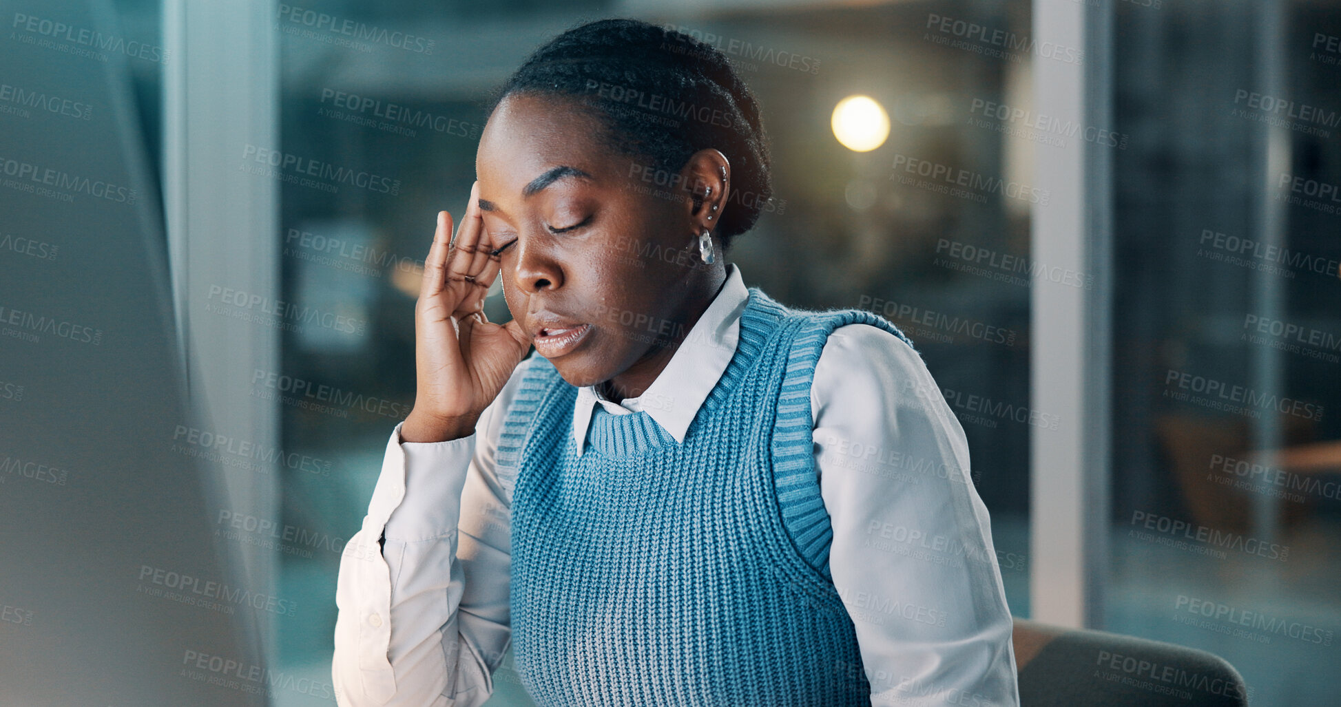 Buy stock photo Headache, night or black woman in office with tech, overworked or stress in missed deadline. Fatigue, migraine or consultant in agency with pressure, vertigo or burnout in late shift task management.