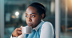 Thinking, employee and woman with coffee, office or ideas for story at night, serious and journalism. Newsroom, reflection and black person with beverage, reporter and plan for project and creative