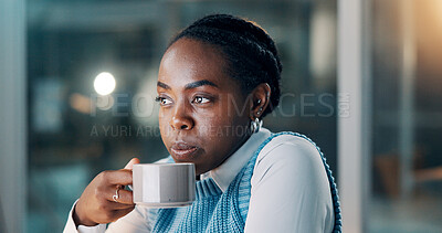 Buy stock photo Thinking, employee and woman with coffee, office or ideas for story at night, serious and journalism. Newsroom, reflection and black person with beverage, reporter and plan for project and creative