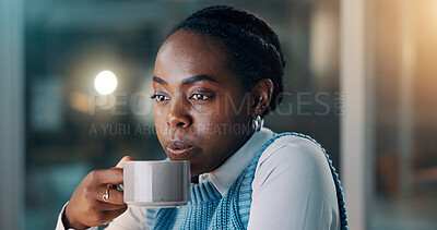 Buy stock photo Creative, thinking and woman with coffee, office or ideas for story at night, serious and journalism. Newsroom, reflection and black person with tea, reporter and plan for project and working late
