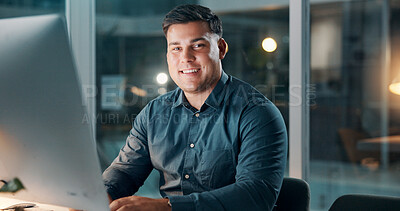 Buy stock photo Night, computer or businessman with confidence for portrait, finance career or corporate professional. Smile, pc or payroll manager in office for late audit, account regulation or salary supervision